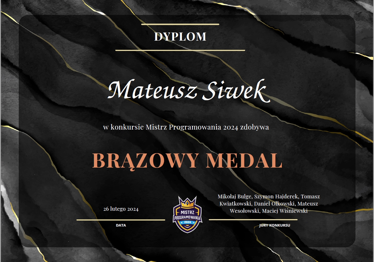 Brązowy medal w konkursie  „Mistrz Programowania 2024”